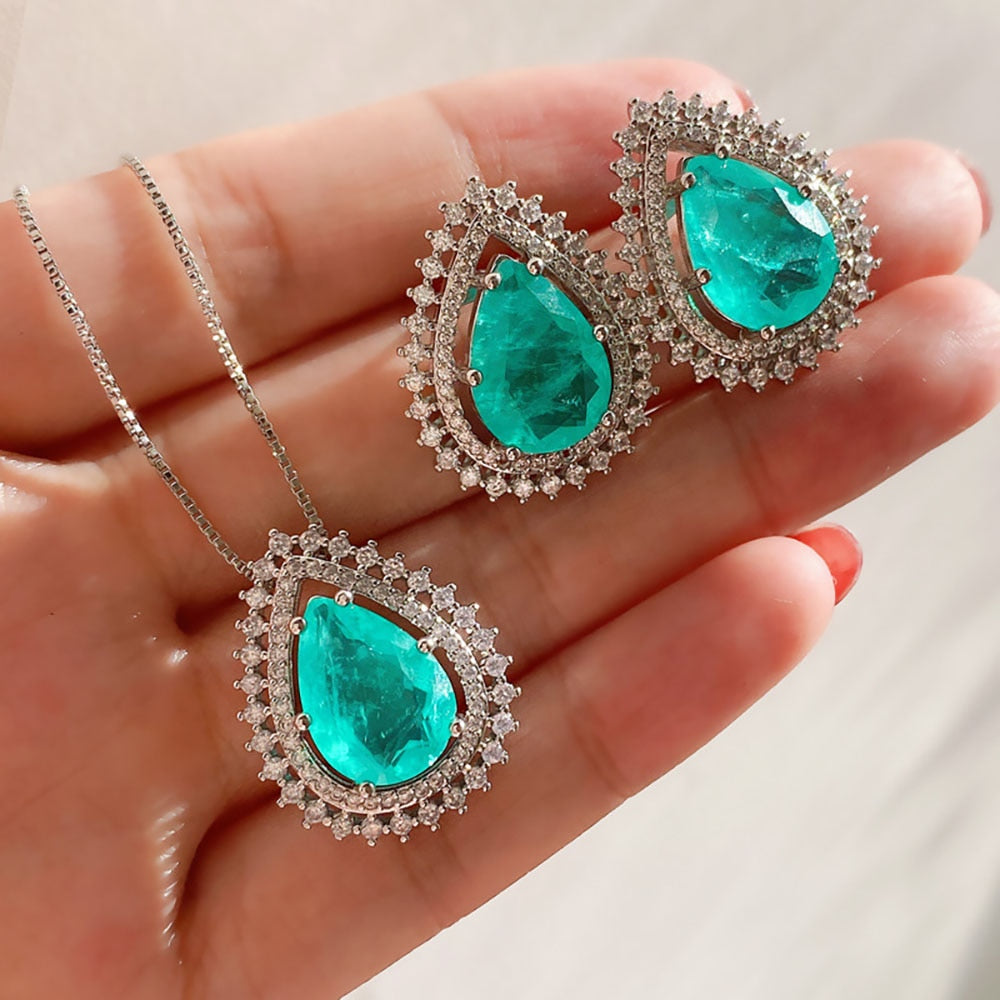 Conjunto Colar e Brincos Gota Turmalina - Prata Argentia