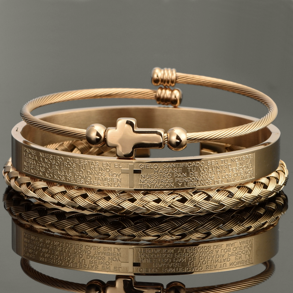 Pulseira Roman com Crucifixo e Escrita do Pai Nosso Banhada a Ouro 18k Argentia
