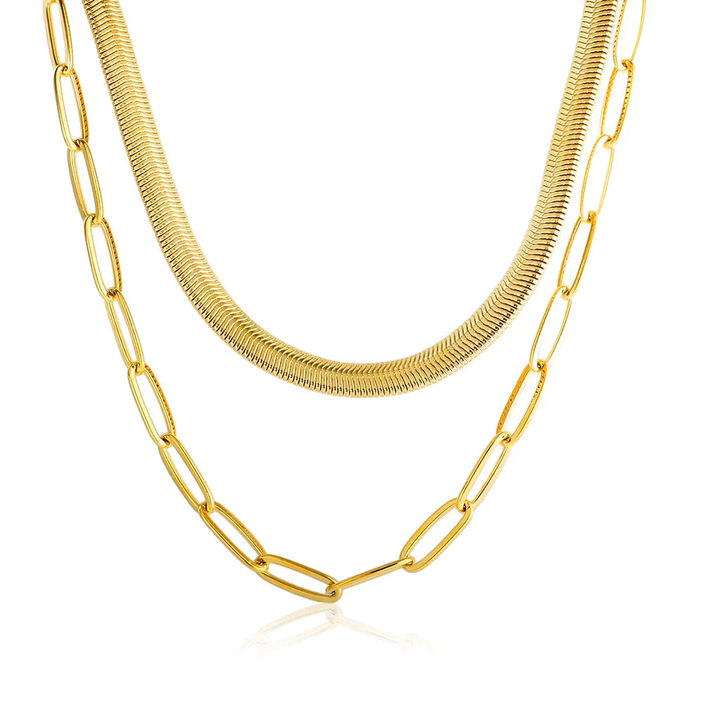 Colar Duplo Malha e Elos Banhado a Ouro 18K Argentia