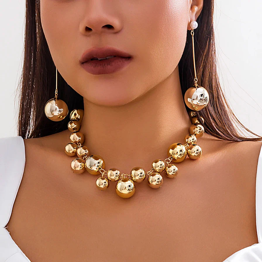 Conjunto Colar e Brincos Bolas Douradas Argentia