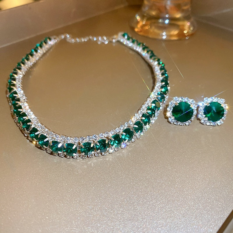 Conjunto Gargantilha e Brincos com Cristais Verdes Argentia