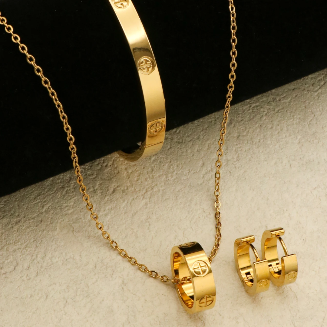 Conjunto Colar Pulseira e Brincos Dourados Argentia