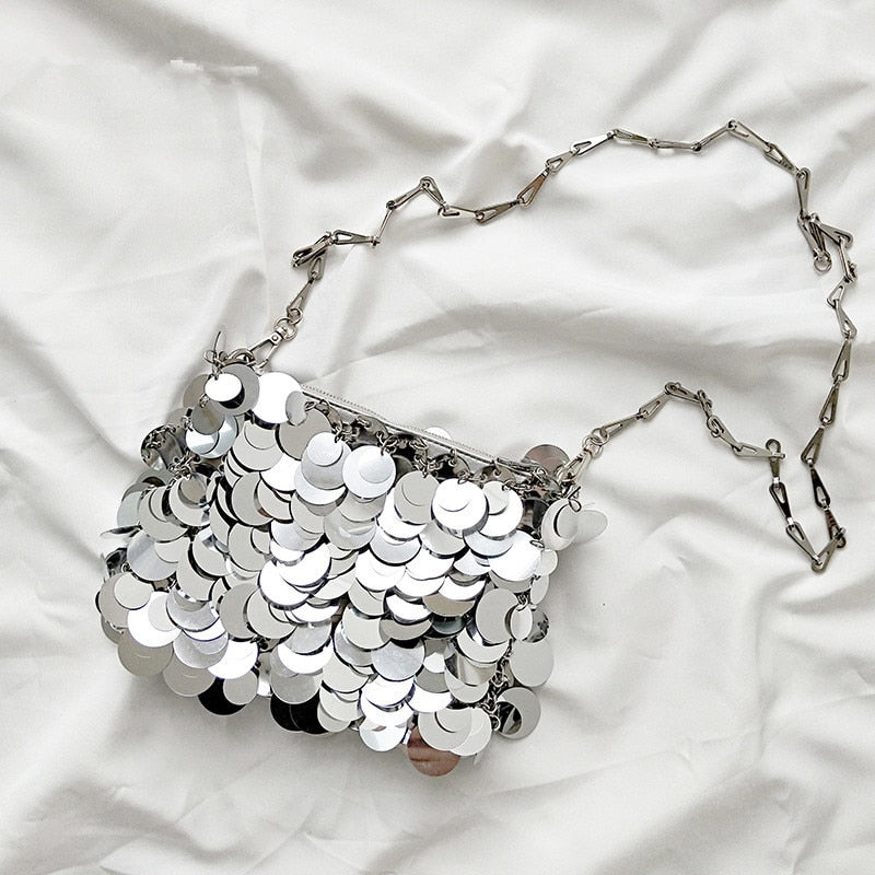 Bolsa de Ombro Luxury Lantejoulas de Metal Argentia