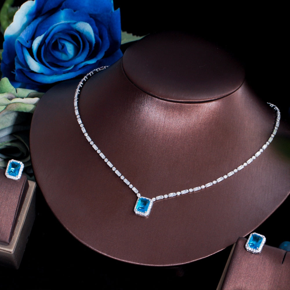 Conjunto Colar e Brinco Delicado com Zircônia Azul Argentia