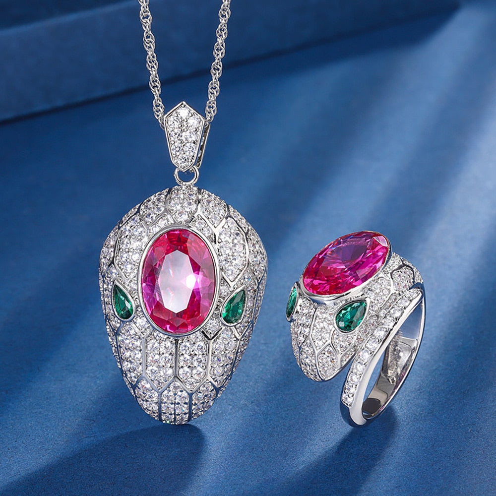 Conjunto Colar e Anel Serpente com Pedra de Rubi Argentia