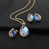 Conjunto Colar Brincos e Anel Gota com Cristais Argentia