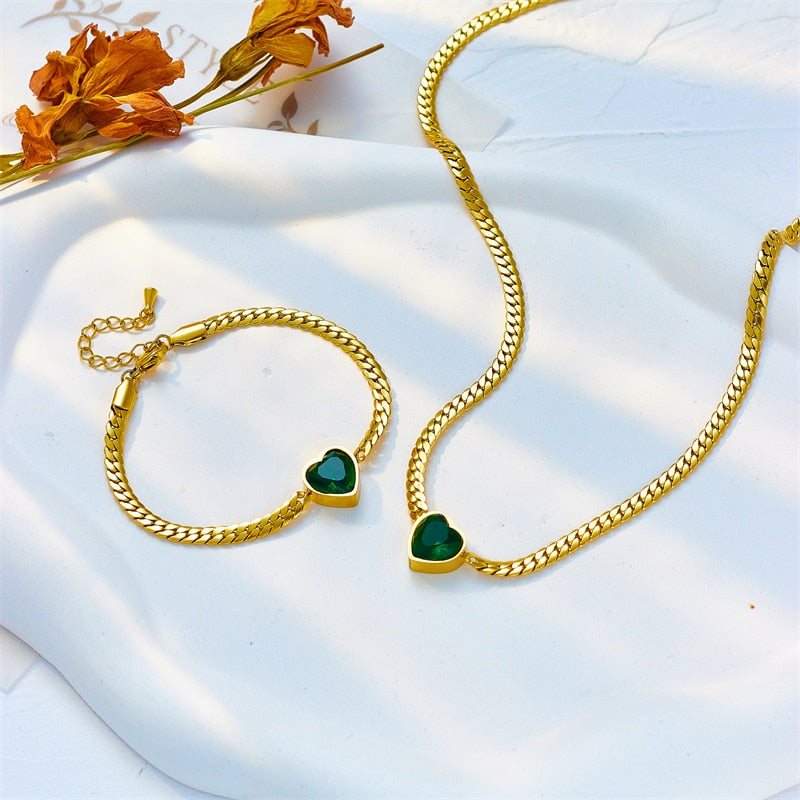 Conjunto Pulseira e Colar Pingente Coração com Cristal Argentia