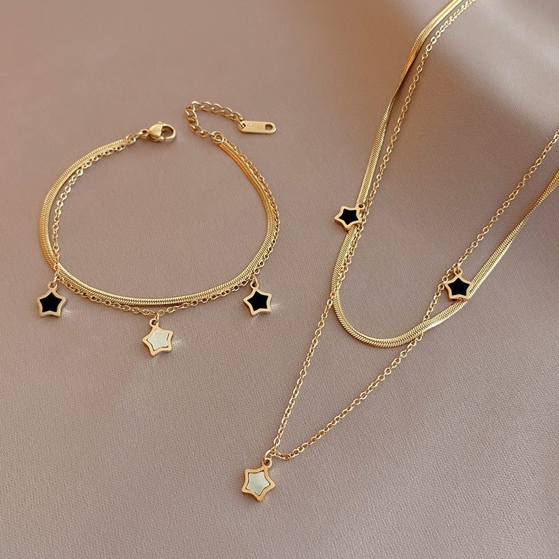 Conjunto Colar e Pulseira com Pingente Estrela Argentia