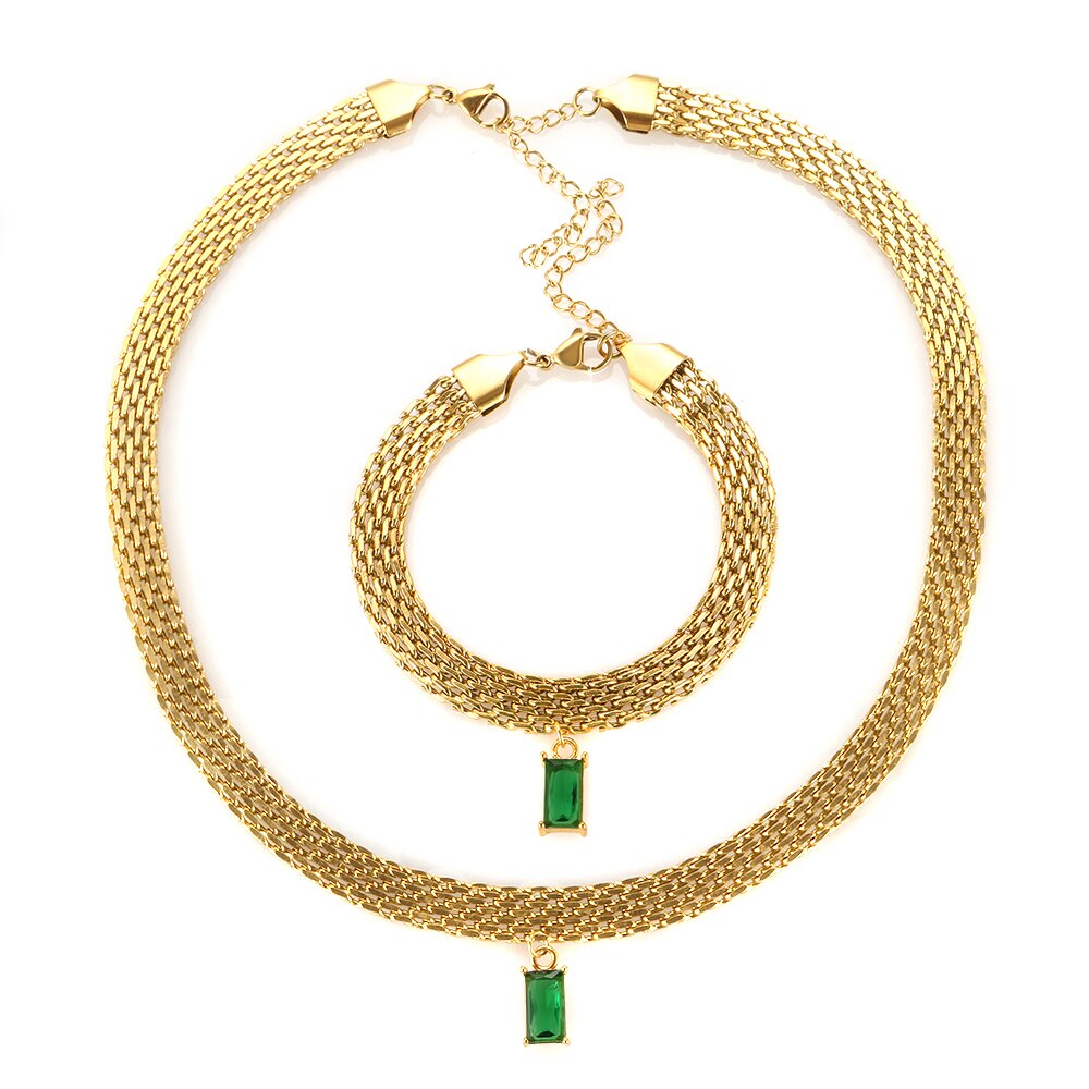 Conjunto Colar e Pulseira de Malha Dourada Pingente de Zircônia Argentia